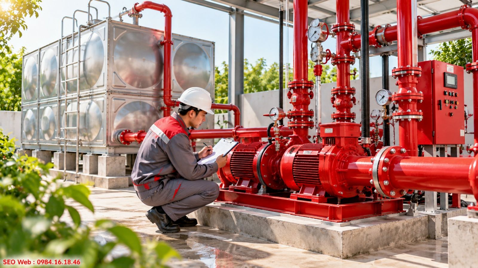Bể nước và máy bơm ổn định bảo đảm nguồn chữa cháy